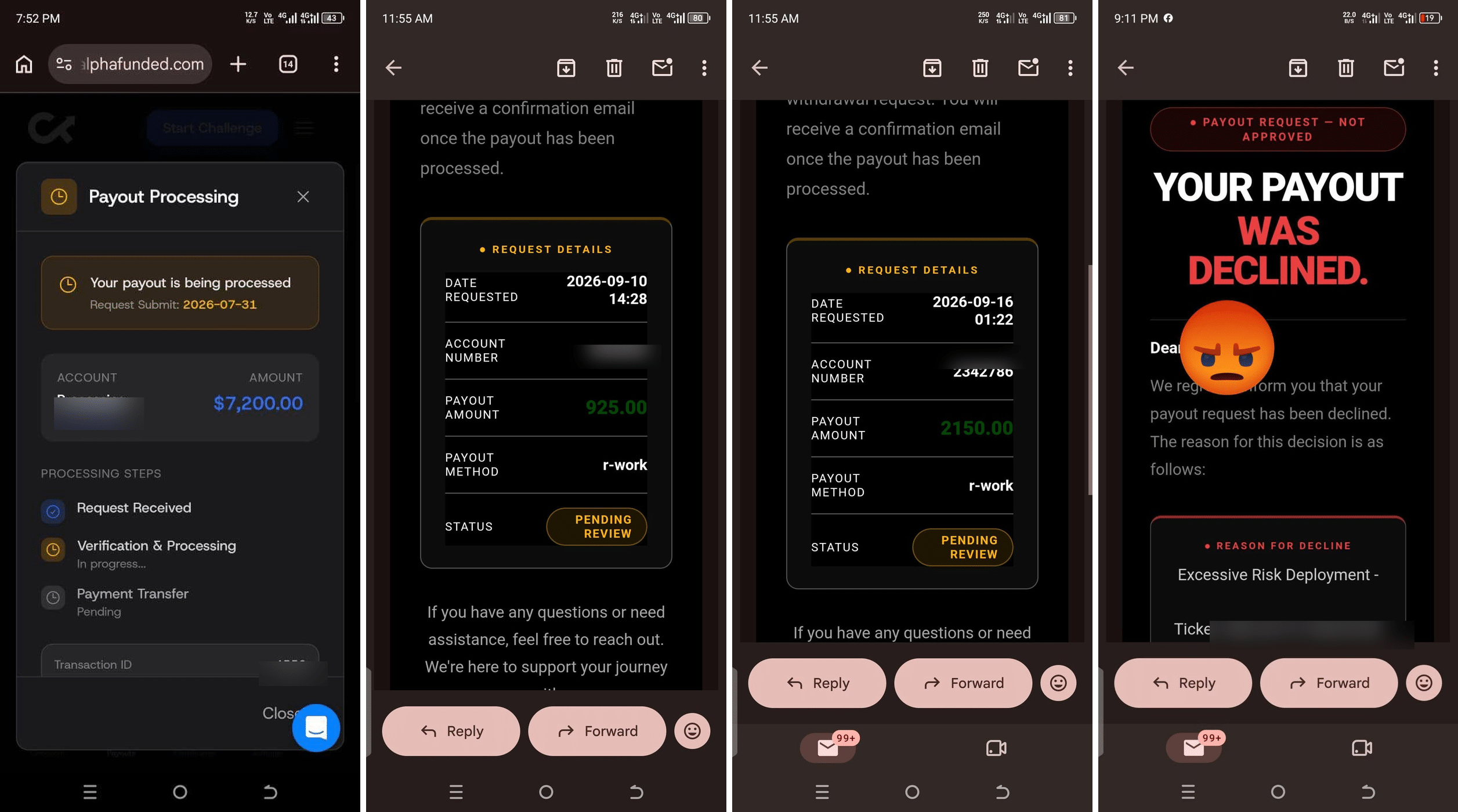 Alpha Trader Firm payout evidence – $7,200, $925 and $2,150 withdrawal requests