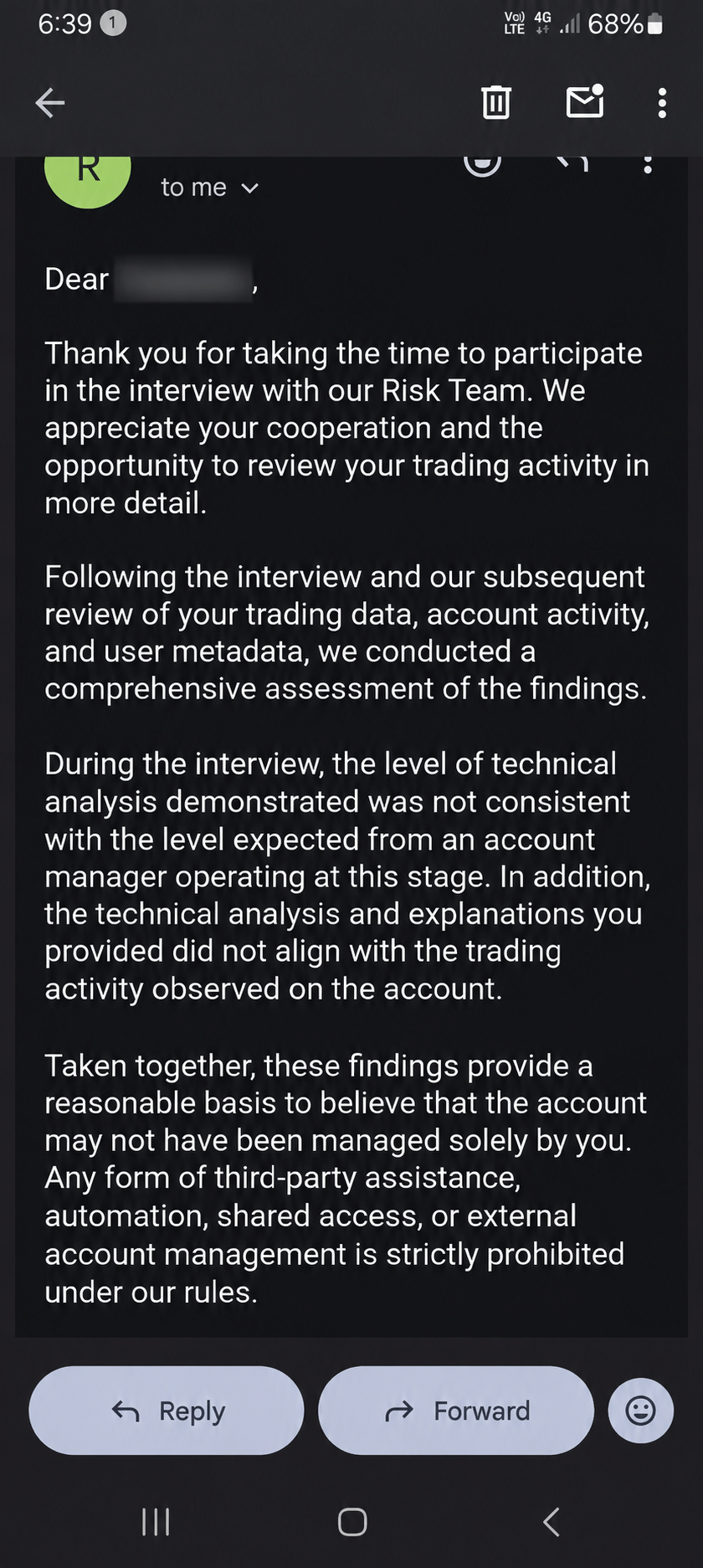 Atmos Funded Risk Team payout review email shared by a trader